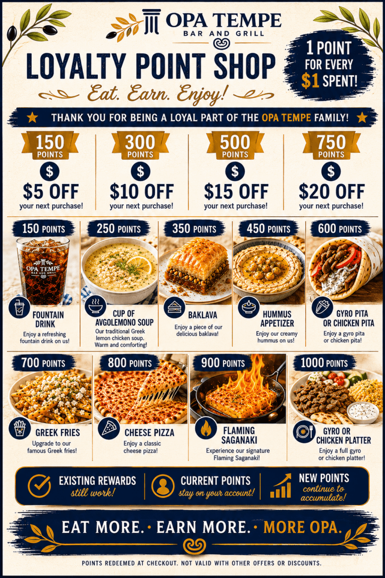 Loyalty point shop poster for Opa Tempe Bar and Grill: earn points and redeem for discounts and menu items from 150 to 1000 points.
