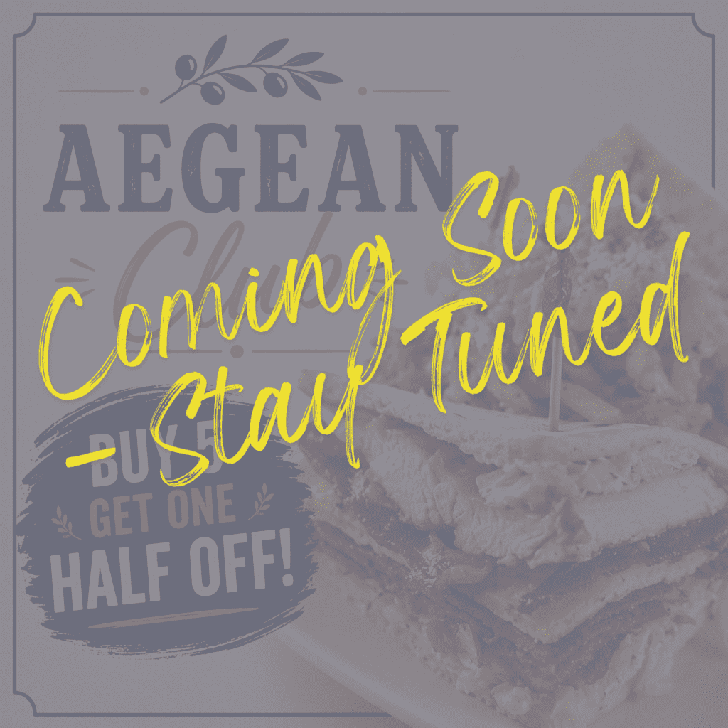 Promotional banner for Aegean announcing 'Coming Soon' with a 'Buy one, get one half off' offer.