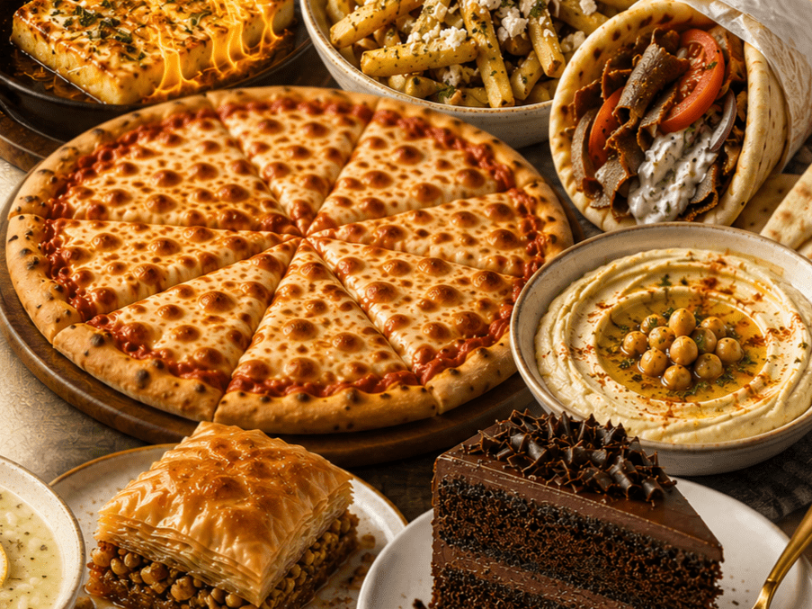 landing page - Sec1_01 - OPA TEMPE Bar and Grill | Greek Restaurant in Tempe, AZ - OPA TEMPE Bar and Grill | Greek Restaurant in Tempe, AZ A spread of foods including a large cheese pizza, a bowl of hummus with olive oil and chickpeas, a meat-filled wrap, fries with toppings, a flaky pastry, and a chocolate cake slice on a table.