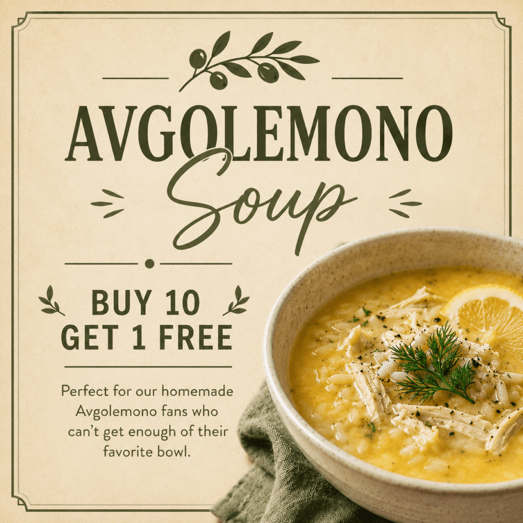 Vintage-style sign advertising Avgolemono soup with a 'Buy 10 Get 1 Free' offer; bowl of soup with lemon and dill appears on the right.